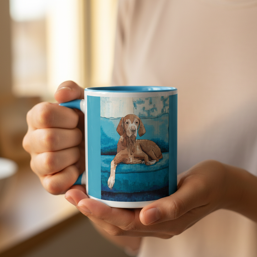 Person holding a mug with a dog design on a blurred background