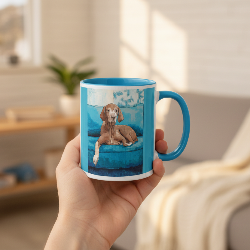 Person holding a mug with a dog on a blue cushion design