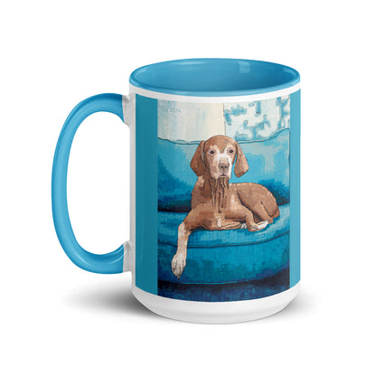 Mug with a dog on a blue cushion design on a white background