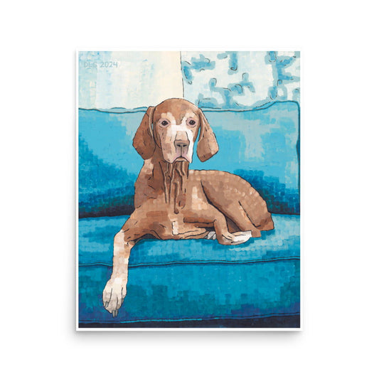 Vizsla Dog Art Print - Vizsla Dog Art Print - Dorrin Gingerich Art - A artwork print of a cute dog sitting on a blue couch.