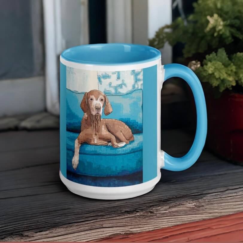 Vizsla Dog Mug - Vizsla Dog Mug - Dorrin Gingerich Art - A cute vizsla dog resting on a blue couch, appearing calm and comfortable on a coffee cup, on a porch.