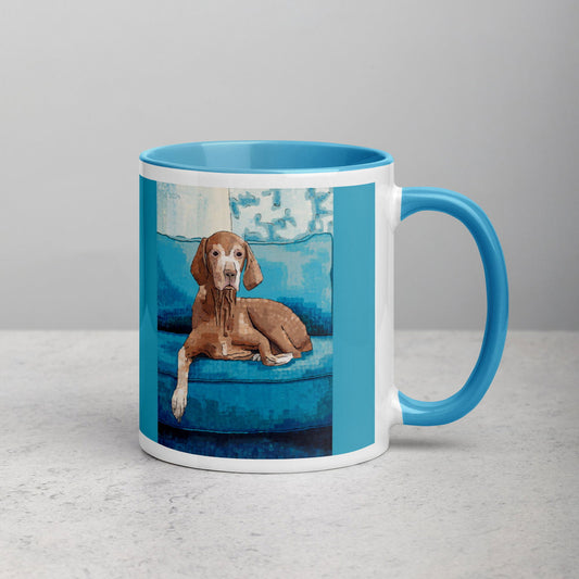 Vizsla Dog Mug - Vizsla Dog Mug - Dorrin Gingerich Art - A dog lounging on a blue couch on a blue mug.