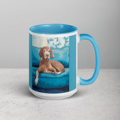 Vizsla Dog Mug - Vizsla Dog Mug - Dorrin Gingerich Art - A dog sitting on a blue couch on a 15 oz blue mug.