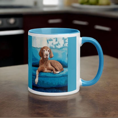 Vizsla Dog Mug - Vizsla Dog Mug - Dorrin Gingerich Art - Cute dog lounging on blue couch on a coffee mug.
