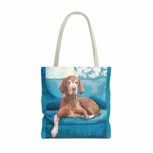 Vizsla Dog Tote Bags - Vizsla Dog Tote Bags - Dorrin Gingerich Art - A vizsla dog sitting on a blue couch printed on a tote bag.