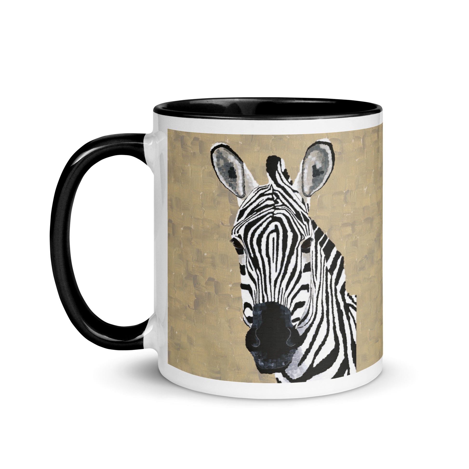 Zebra 1 mug on white desk with spoon — inspired by Dorrin Gingerich’s animal wall art and zebra canvas prints.