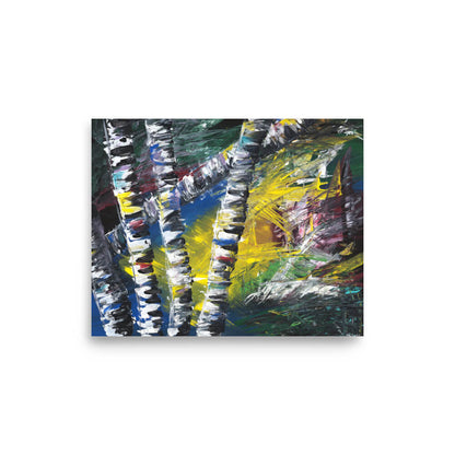 Active Forest 1 abstract birch tree print in blue, yellow, and green, 8x10 matte poster