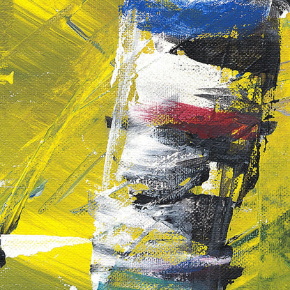 Close-up of layered yellow and blue brushstrokes on Active Forest 1