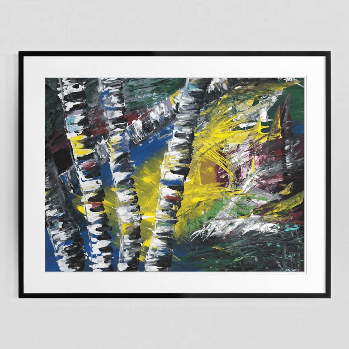 Framed Active Forest 1 abstract birch tree print displayed on a plain white wall