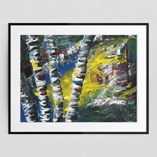 Framed Active Forest 1 abstract birch tree print displayed on a plain white wall