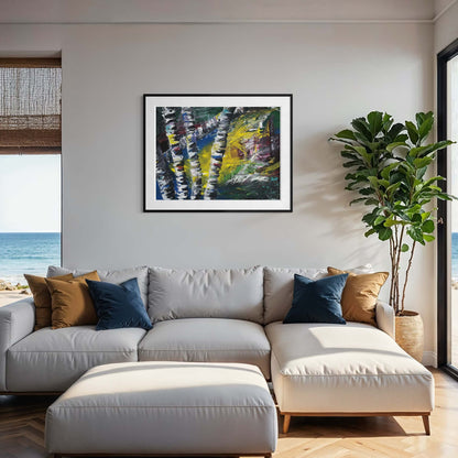 Framed Active Forest 1 birch tree print in a coastal living room with an ocean view