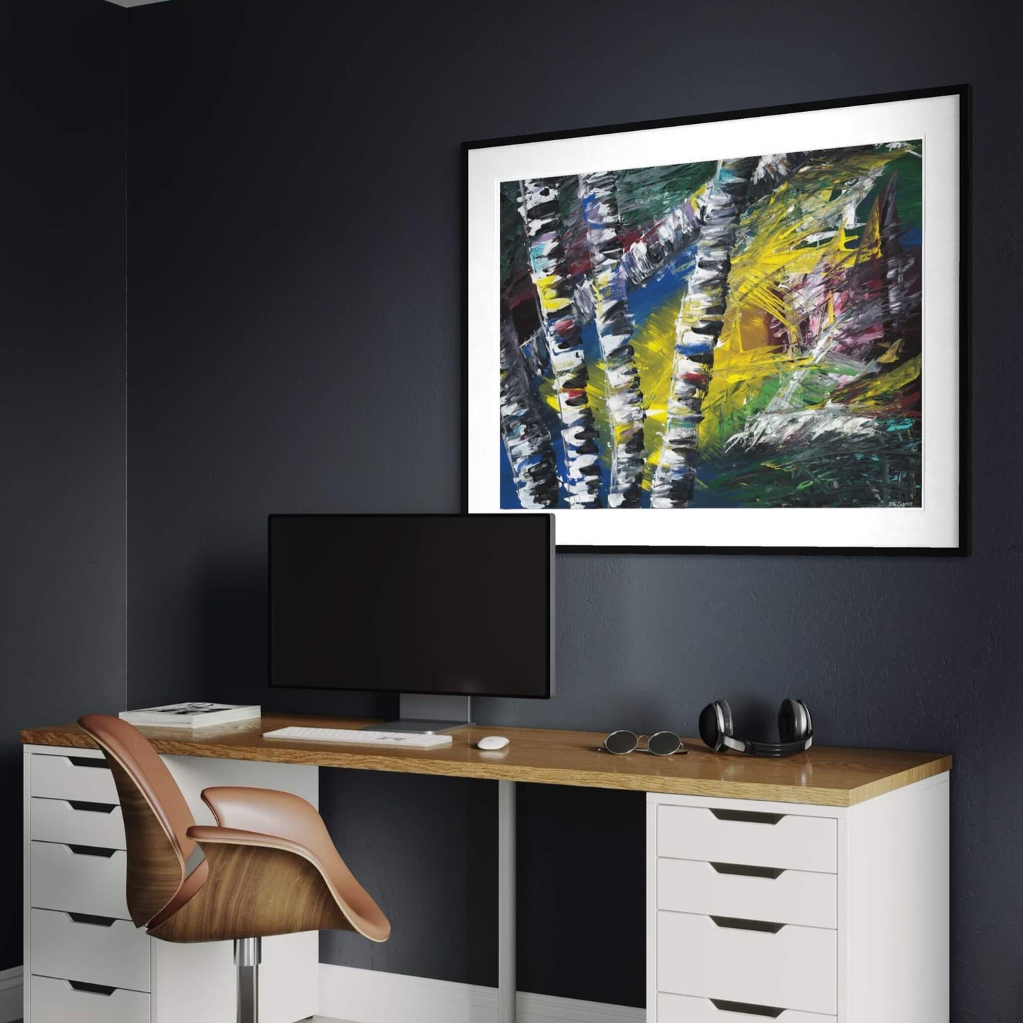 Framed Active Forest 1 abstract print hanging above a desk in a dark modern home office