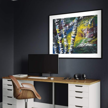 Framed Active Forest 1 abstract print hanging above a desk in a dark modern home office