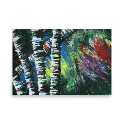Active Forest 2 birch tree abstract art print in vivid color, 24x36 oversized wall decor