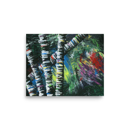 Active Forest 2 birch tree print in green and red, 8x10 matte poster