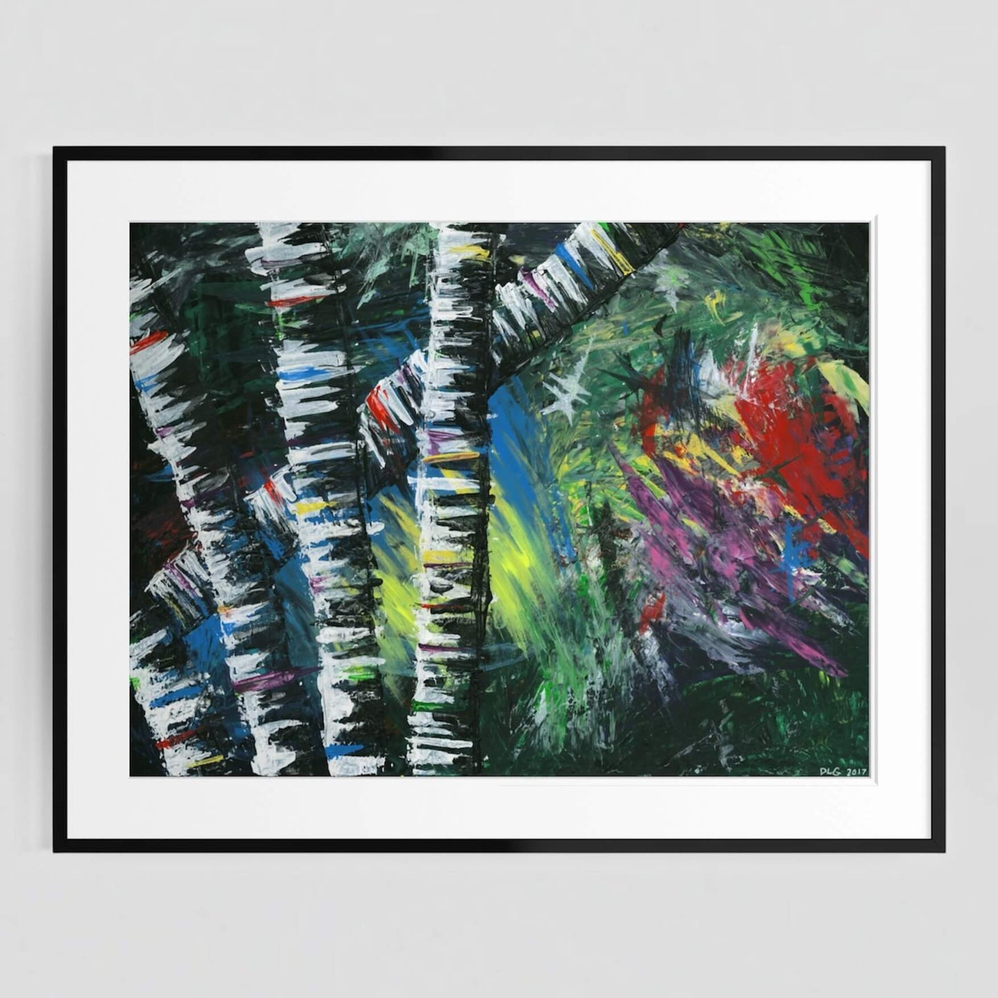 Framed Active Forest 2 abstract print displayed on a plain gray wall