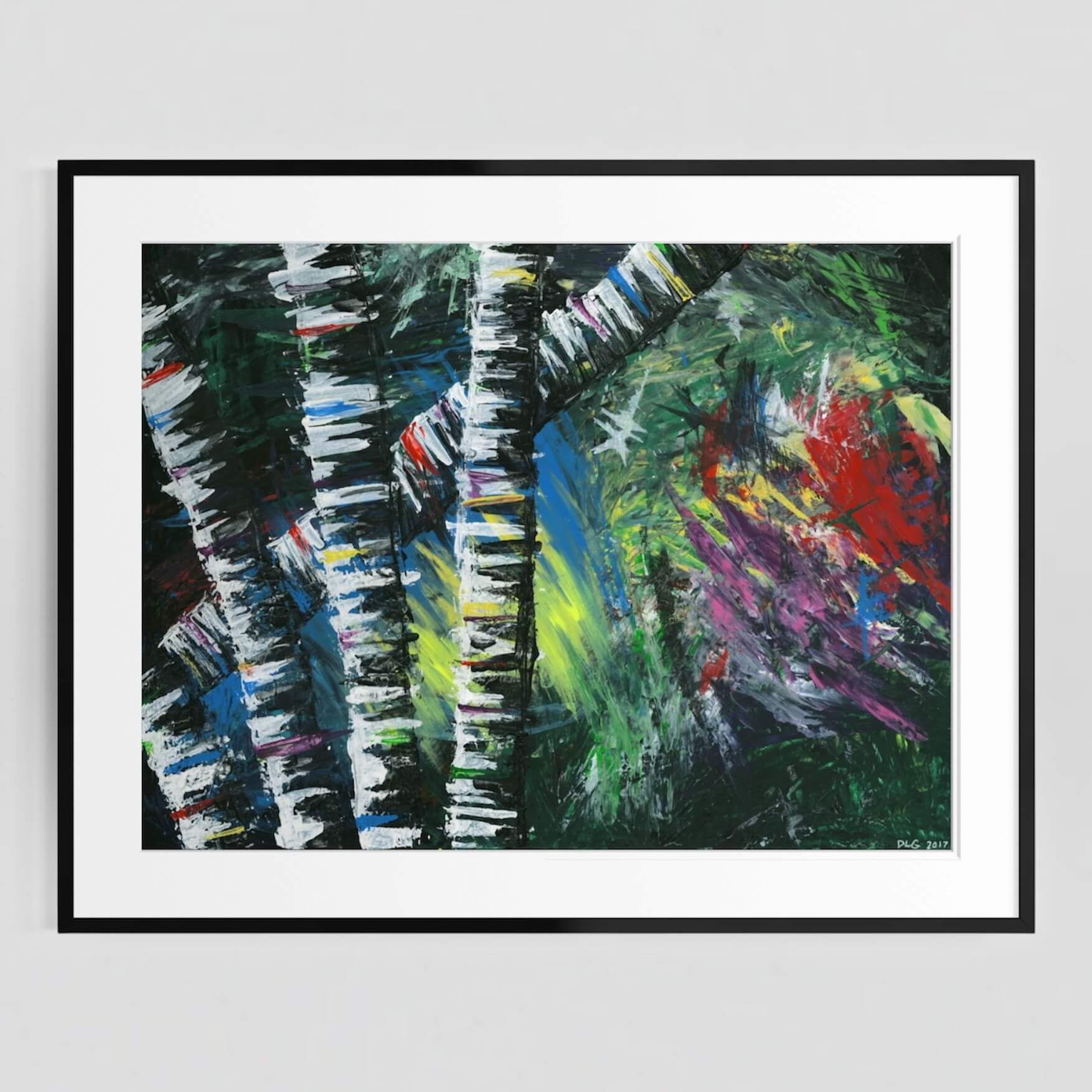 Framed Active Forest 2 abstract print displayed on a plain gray wall