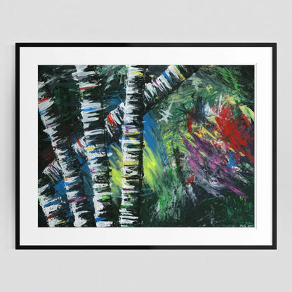 Framed Active Forest 2 abstract print displayed on a plain gray wall