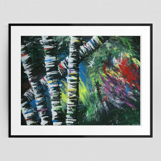 Framed Active Forest 2 abstract print displayed on a plain gray wall