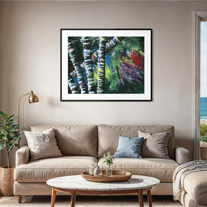 Framed Active Forest 2 abstract print above a tan sofa in a coastal living room