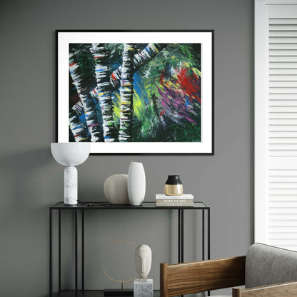 Framed Active Forest 2 abstract print displayed on a plain gray wall