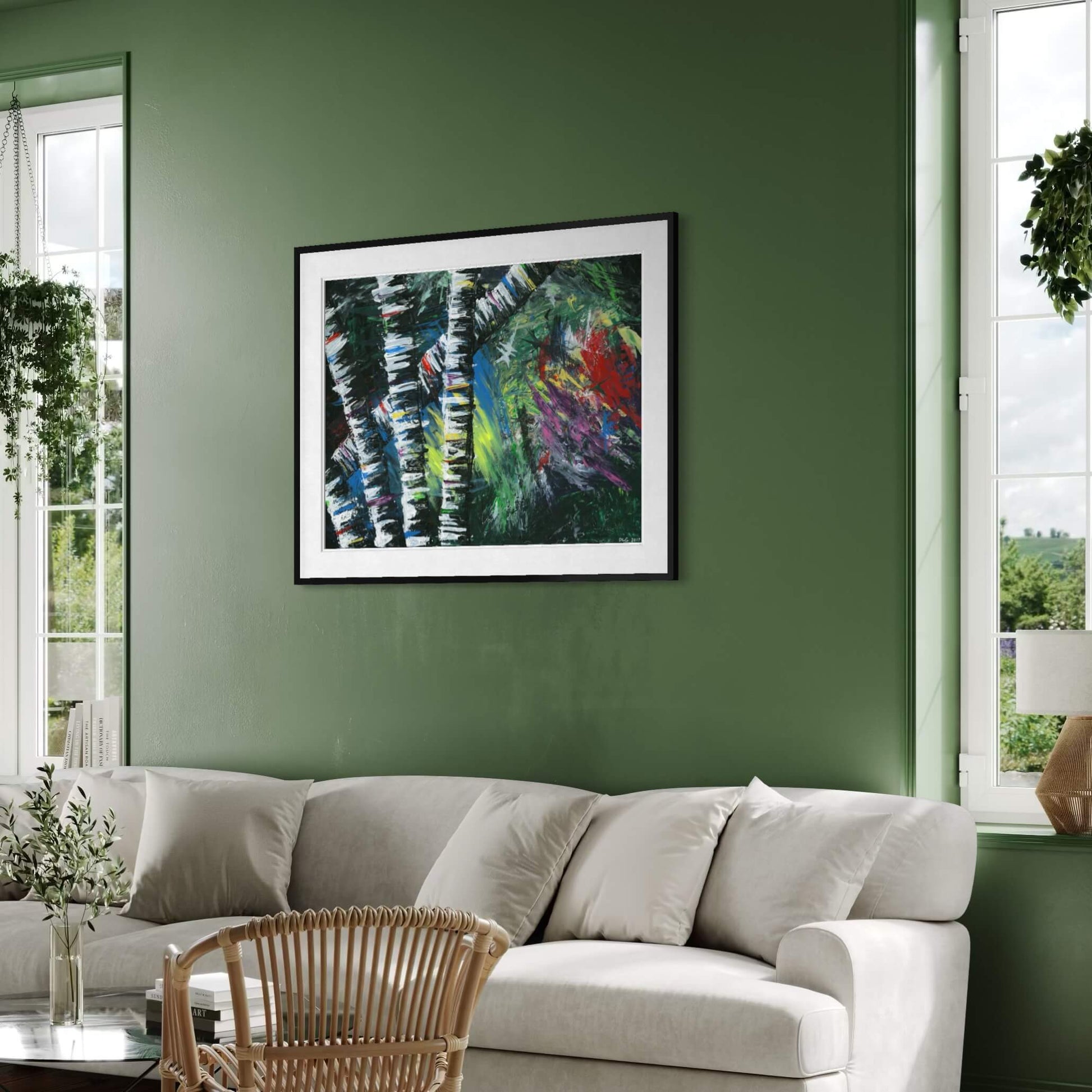 Framed Active Forest 2 birch forest print on a green wall in a sunlit living room