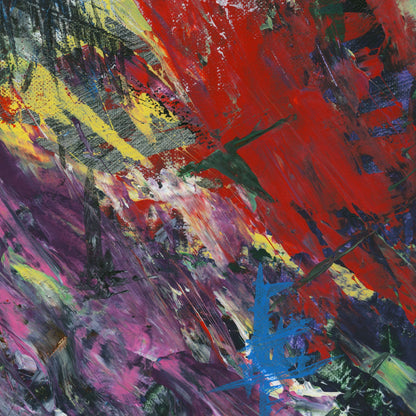 Close-up of red, purple, and yellow palette knife brushwork on Active Forest 2