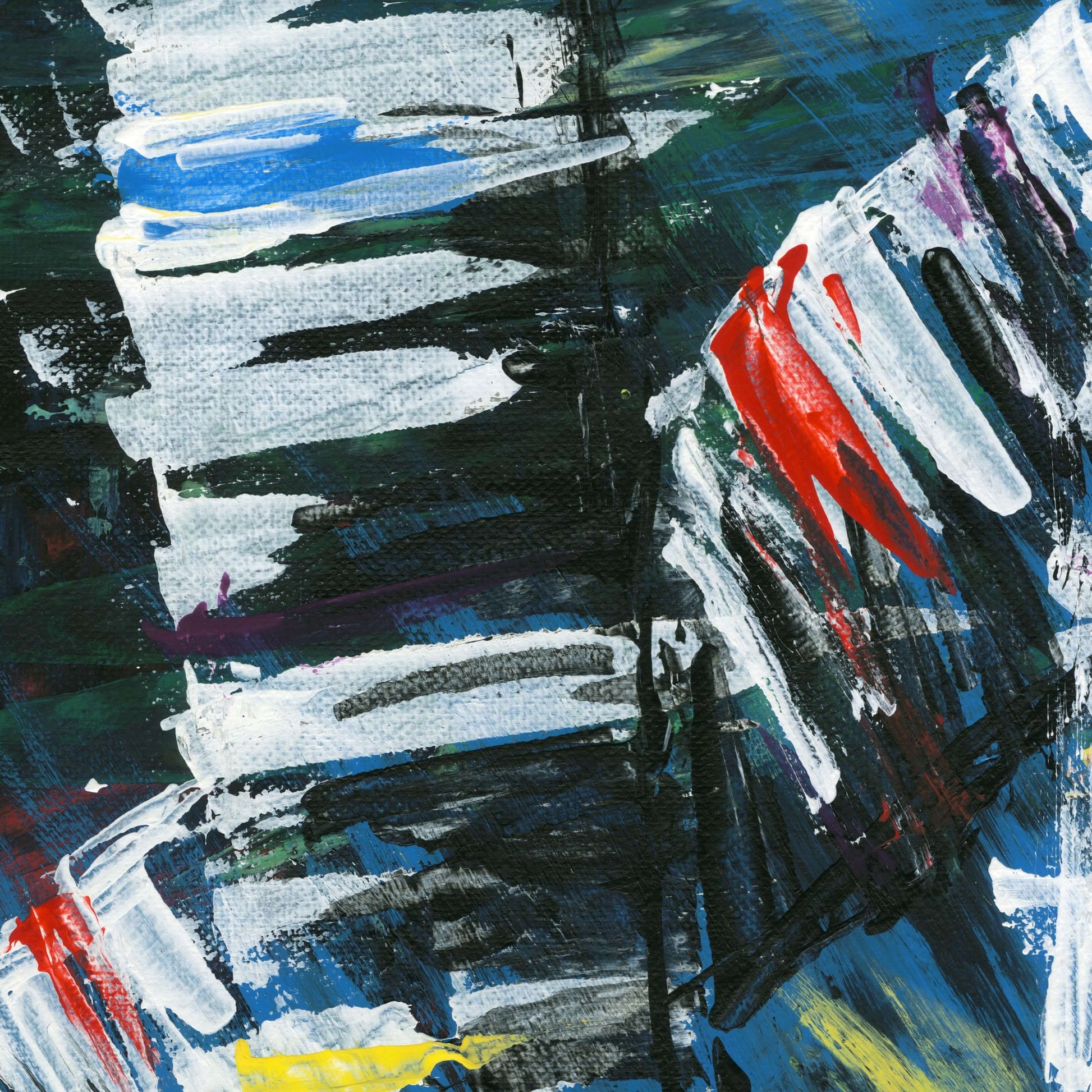 Close-up of white, blue, and red brushstrokes over a birch trunk on Active Forest 2