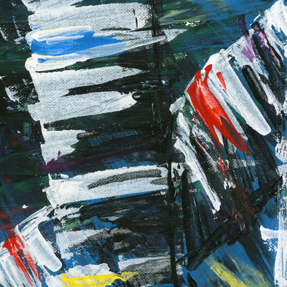 Close-up of white, blue, and red brushstrokes over a birch trunk on Active Forest 2