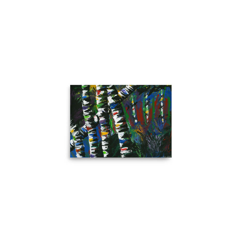 Small 5x7 art print of Active Forest 3, a colorful abstract birch tree painting