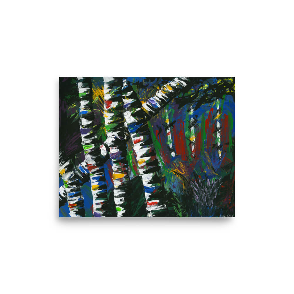 8x10 wall art print of Active Forest 3 featuring bold birch tree bark and color