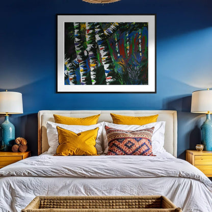Framed Active Forest 3 abstract print above a bed with mustard and patterned pillows