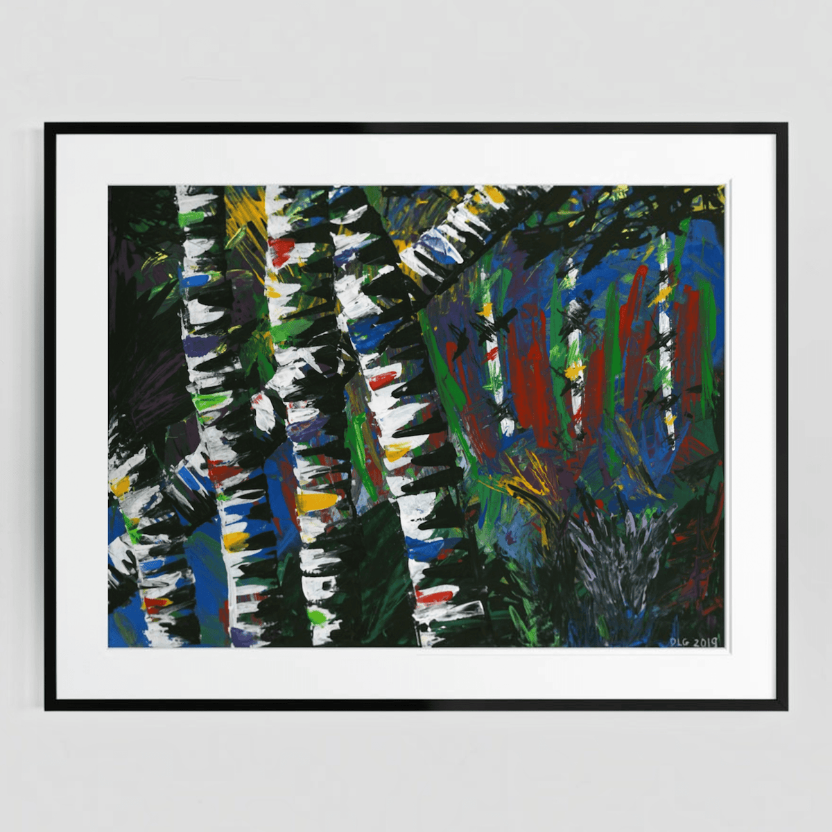Framed Active Forest 3 abstract print with a white mat on a plain gray wall