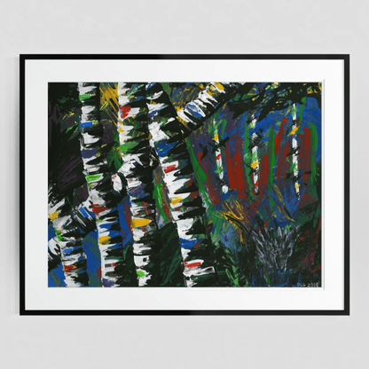 Framed Active Forest 3 abstract print with a white mat on a plain gray wall