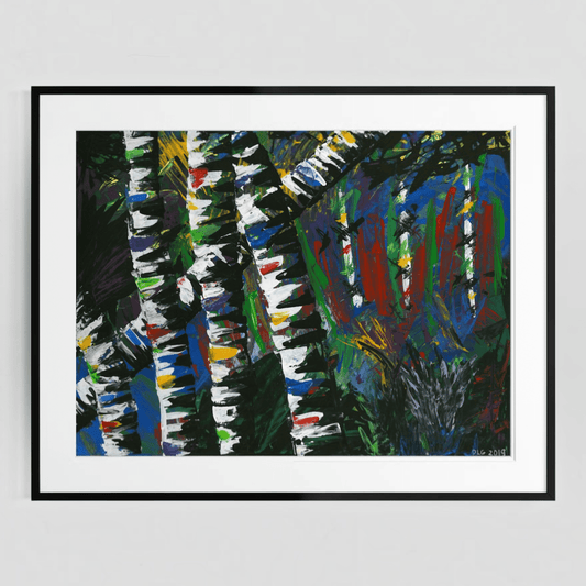 Framed Active Forest 3 abstract print with a white mat on a plain gray wall