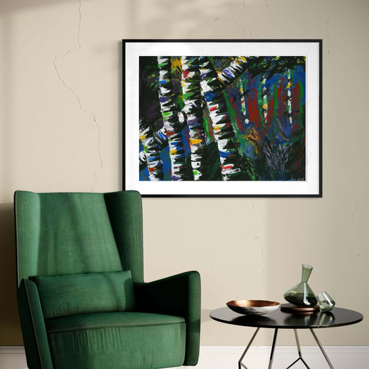 Framed Active Forest 3 abstract print beside a green wingback chair