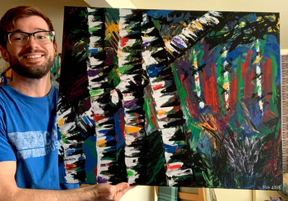 Artist Dorrin Gingerich holding the original Active Forest 3 painting