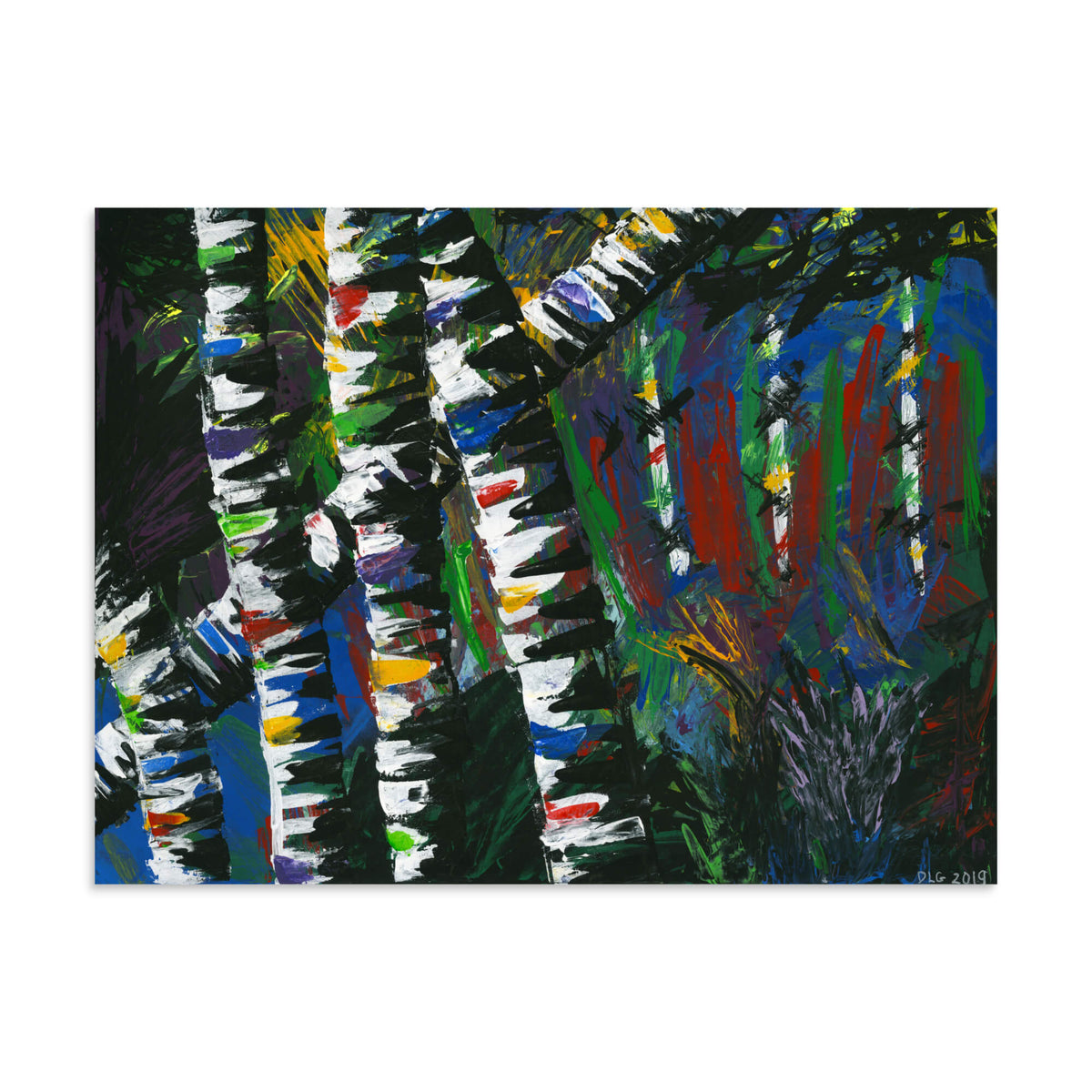 Active Forest 3 30x40 abstract art print of birch trees in bold green, blue, and red