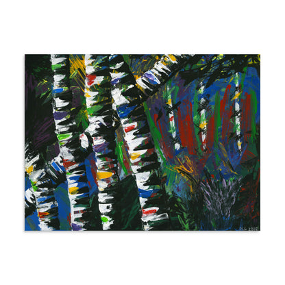 Active Forest 3 30x40 abstract art print of birch trees in bold green, blue, and red