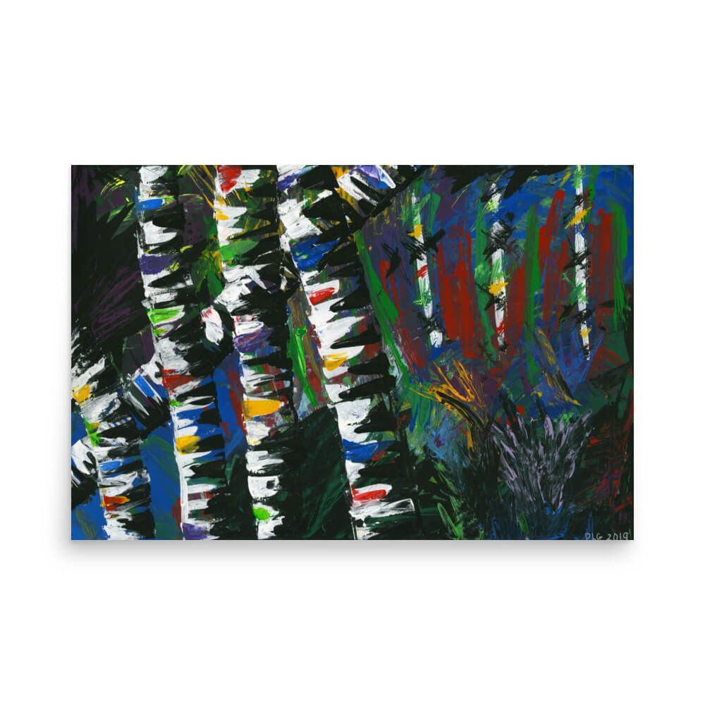 24x36 statement abstract print of Active Forest 3 featuring bold birch tree brushwork
