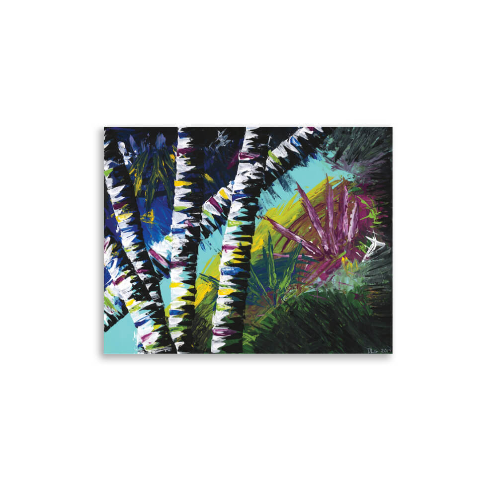 11x14 abstract print of Active Forest 4 with turquoise sky and vivid tree bark