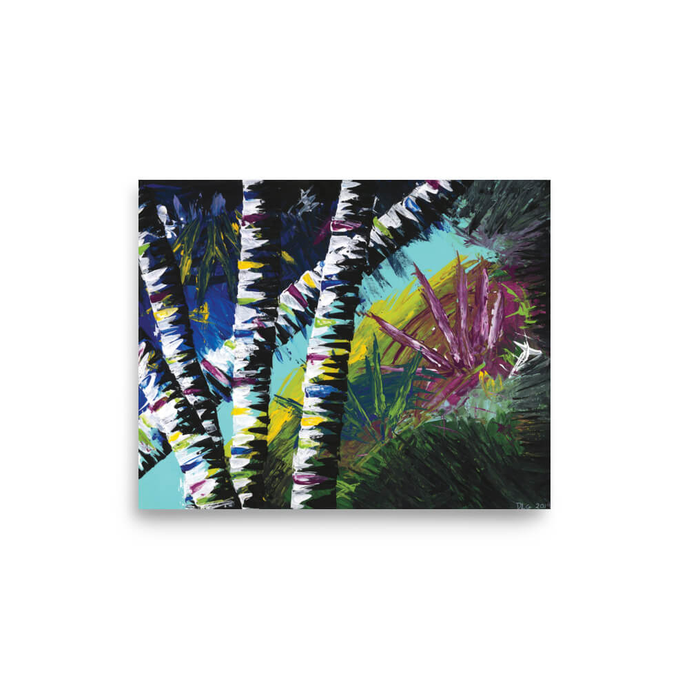 8x10 wall art print of Active Forest 4 featuring birch trees and a magenta bloom