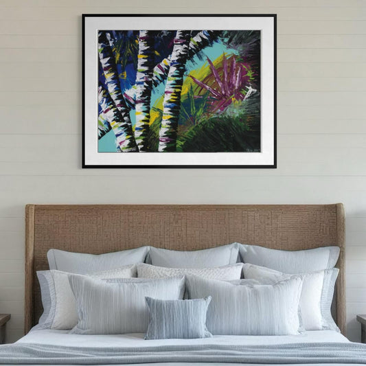 Framed Active Forest 4 abstract print hanging above a bed with layered pillows