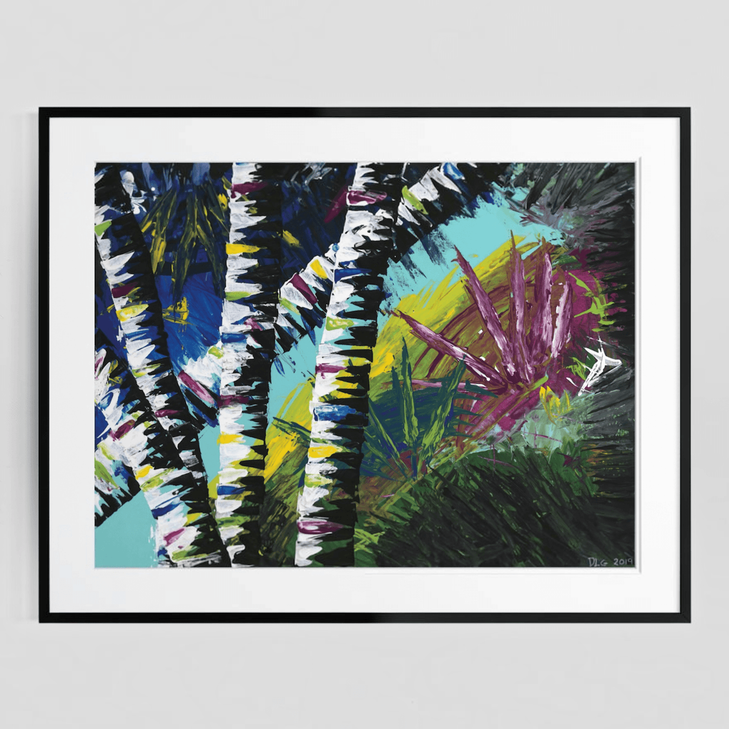 Framed Active Forest 4 abstract print with a white mat on a plain gray wall