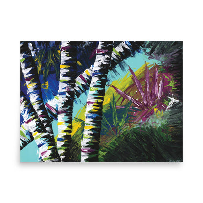 18x24 large abstract art print of Active Forest 4 with birch trees and tropical color
