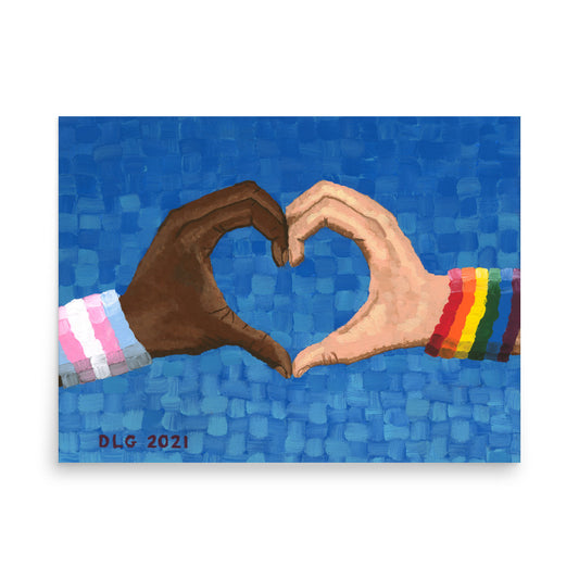 Close-up of the blue Loving Pride canvas print showing two hands forming a heart — a love artwork representing unity, compassion, and LGBTQ pride in art.