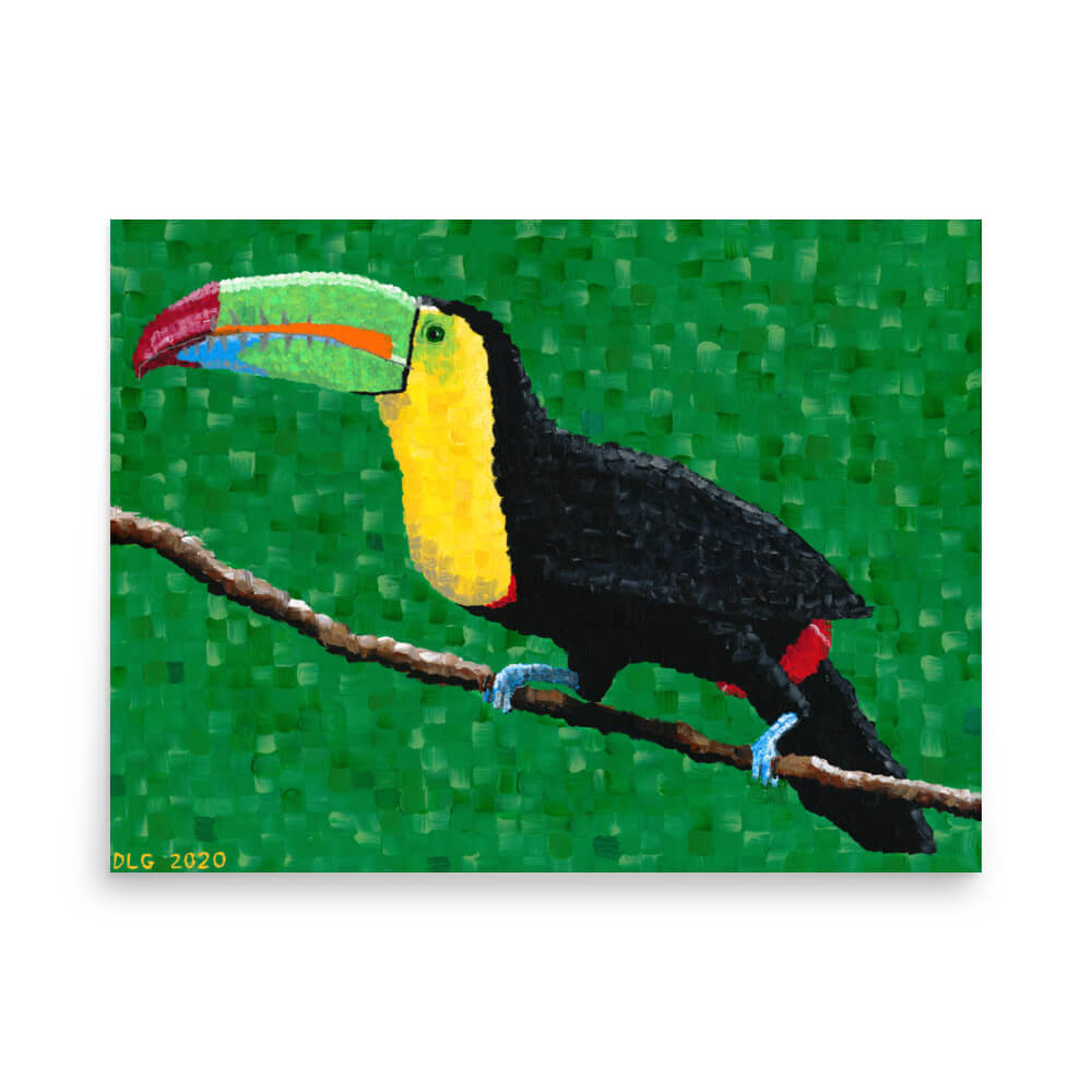Colorful toucan canvas print perched on a branch against green foliage, 18x24