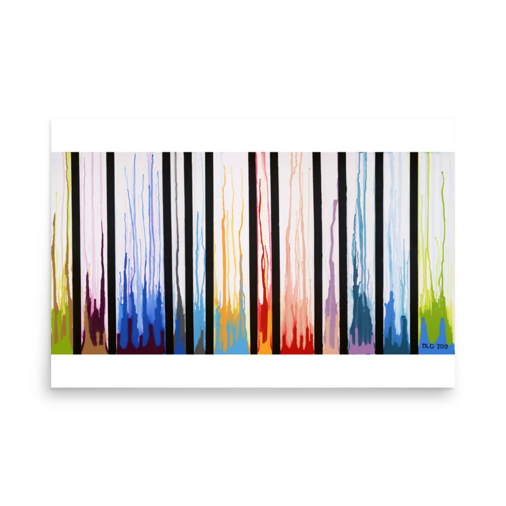 Colors Rising 24x36 abstract print featuring a rainbow of dripping paint columns