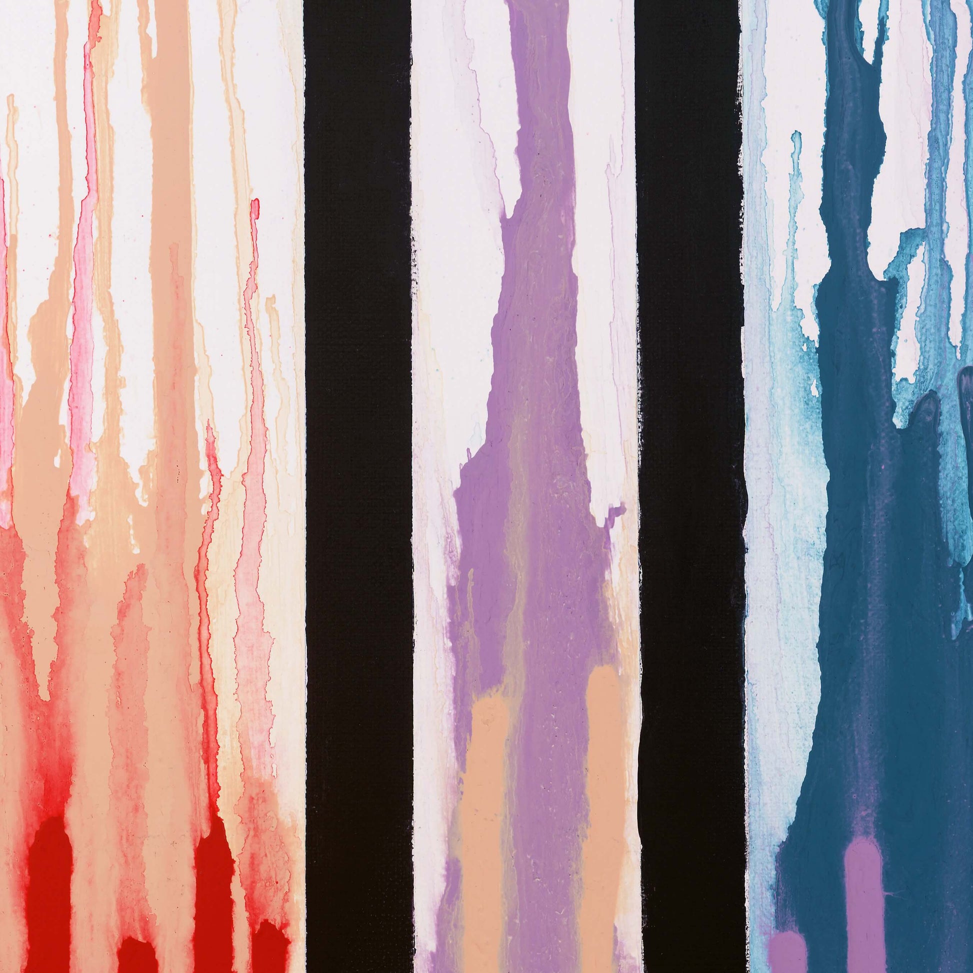 Close-up detail of Colors Rising highlighting red, purple, and teal paint drips