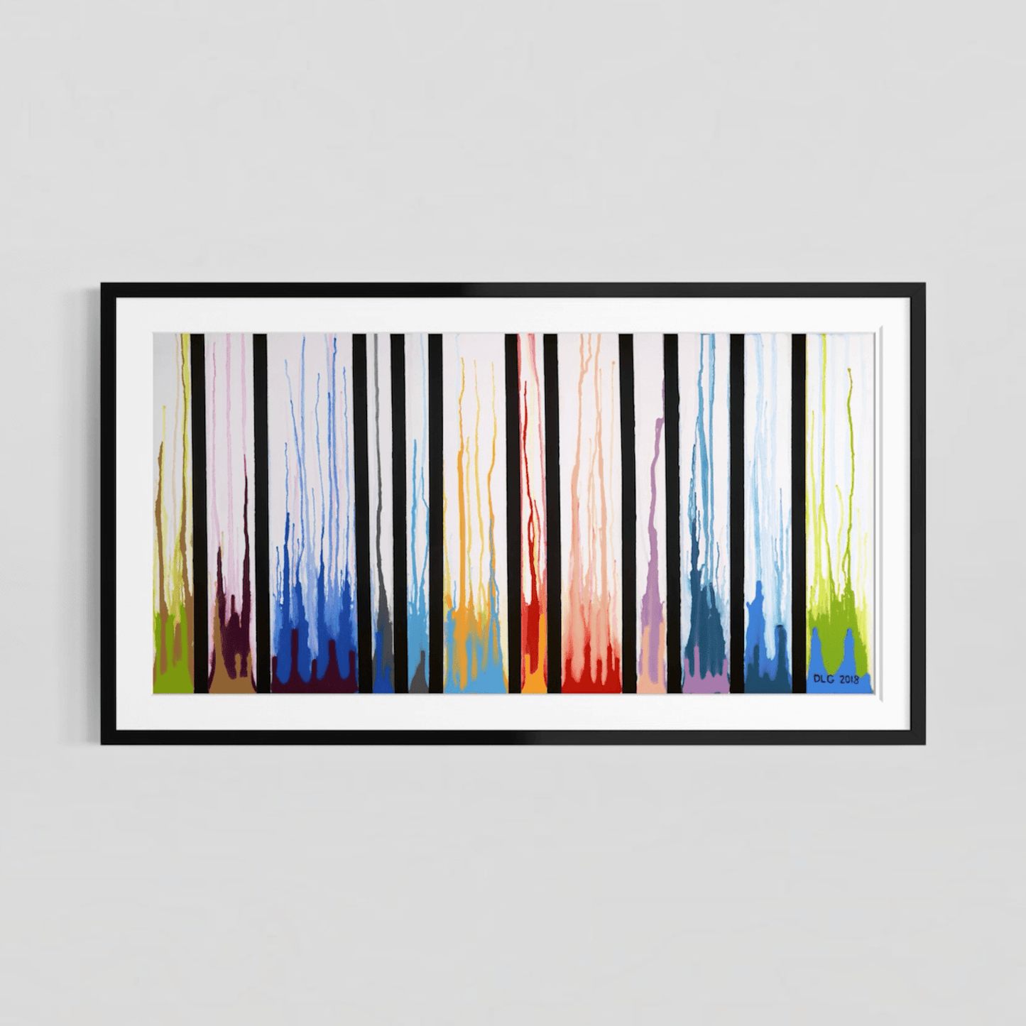 Framed Colors Rising abstract print with a white mat on a plain gray wall
